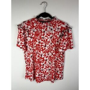 NWT Adrienne Women Coral Pink Short Sleeve Floral Mock Neck Blouse Small